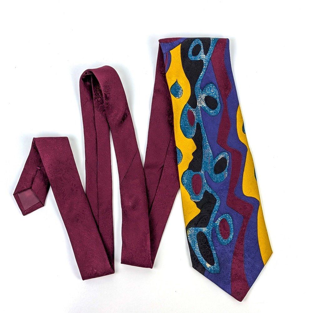 Ted Lapidus Paris Silk Necktie Abstract Geometric Purple Burgundy Yellow 57x4
